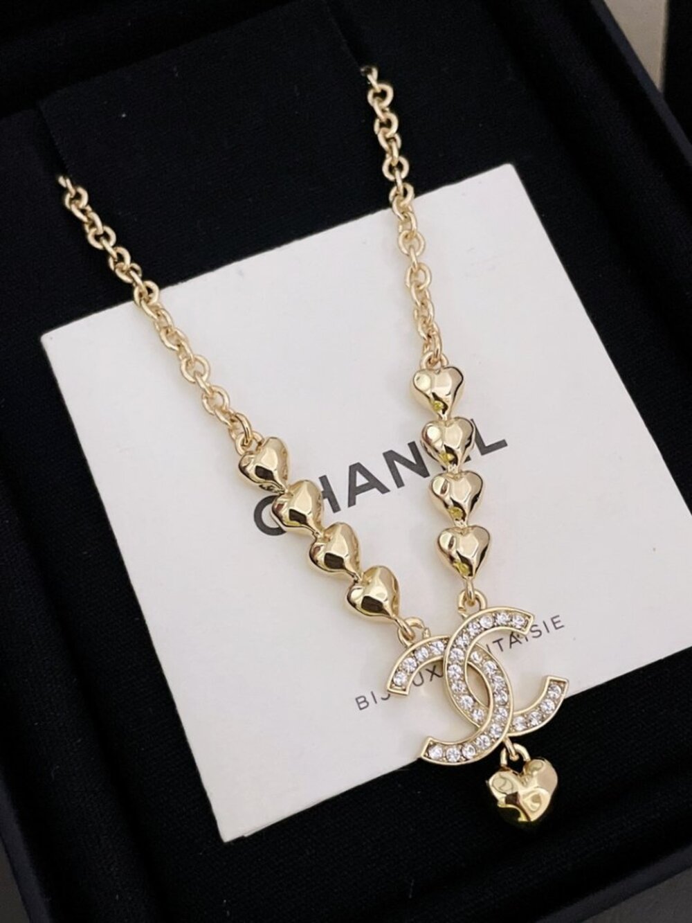C  hanel Heart Motif Pave Crystal CC Logo Pendant Necklace